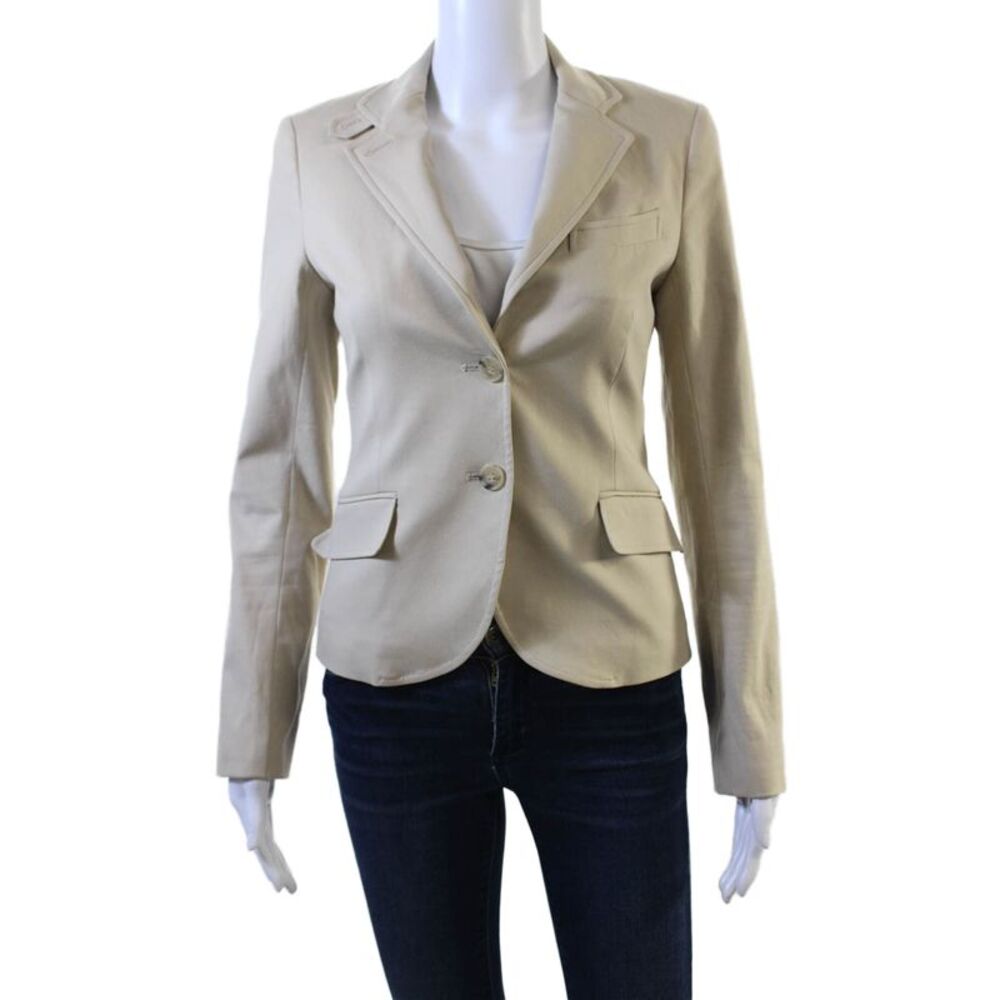 Theory Women Beige Cotton Blend Blazer Button Collared Long Sleeve Size 6